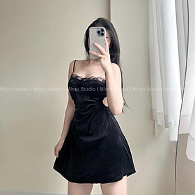 Đầm nhung đen 2 dây khoét eo dây rút