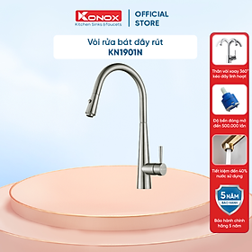 Vòi rửa bát dây rút KONOX KN1901N hợp kim đồng 61% tiêu chuẩn Châu Âu CW617N, bề mặt xử lý công nghệ PVD Chrome 5 lớp