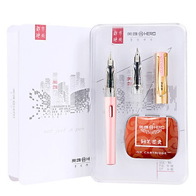 Hero (HERO) 368 Mermaid Pink EF+F Double-tip Thin Thick Film Urban Fashion Office Student Pen Fountain Pen (Gift 10* Ink Bag) Gold Gift Box Set