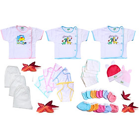 Combo 28 khoản đồ gia dụng mang lại trẻ em sơ sinh kể từ 0 cho tới 6 mon tuổi(3 áo + 3 quần nhiều năm + 5 tã dán + 5 khăn sữa + 5 song bít tất tay + 5 song bao chân + 2 nón thỏ)
