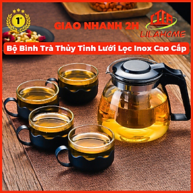 Bộ Bình Trà Thủy Tinh Kèm 4 Ly Lưới Lọc Inox 304 Không Gỉ Tiện Lợi - Hàng Chính Hãng