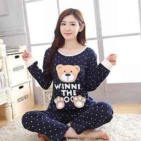 Bộ Đồ Ngủ Cotton Hoạ Tiết Dễ Thương Dài Tay Cho Nữ