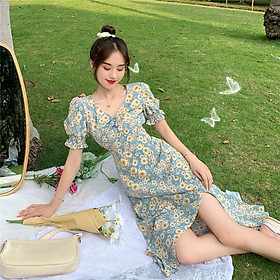 Đầm Dài Tay Phồng In Họa Tiết Hoa Cúc Thanh Lịch Dành Cho Nữ