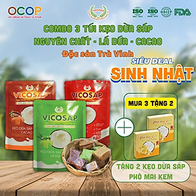 Combo 3 Kẹo dừa sáp VICOSAP vị cacao lá dứa kẹo mềm dẻo ít đường đặc sản Trà Vinh túi 100g