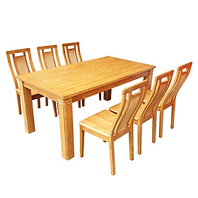 Bộ Bàn Ghế Ăn Chữ Nhật Gỗ Tự Nhiên 100%, Chân To Chắc Chắn, Kích Thước 1m6 + 6 Ghế Lưng Vuông