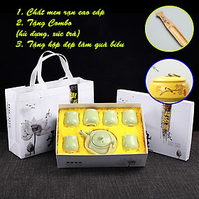 Bộ bình trà Ngọc Lộ Khai Tâm 1 bình 6 tách chất liệu đất cao lanh và men tráng sứ PK000567