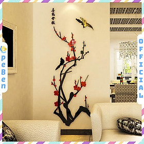 Tranh dán tường mica 3d decor khổ lớn chim én hoa đào chào mùa xuân