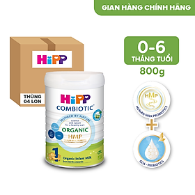 Thùng 4 lon sữa bột dinh dưỡng công thức HiPP 1 Organic Combiotic chất lượng hữu cơ, hỗ trợ, tăng cường sức khoẻ hệ miễn dịch, bổ sung omega 3,6 (DHA&ARA) dành cho trẻ dưới 6 tháng tuổi (4 lon x 800g)