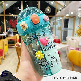 Bình nước 2 ngăn dễ thương cho bé yêu tặng kèm sticker 2d, 3d và co rửa ống hút FG Good Finish .Có dây đeo đồng màu đẹp mắt