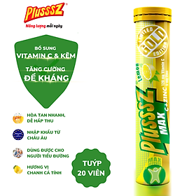 Viên sủi Plusssz Max Vitamin C & ZinC bổ sung vitamin C và kẽm vị chanh không đường hỗ trợ đề kháng, vững vàng sức khỏe (Tuýp 20 viên sủi).