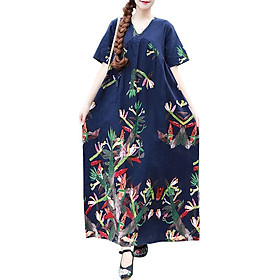 Đầm Maxi Nữ Cổ Điển Dáng Dài Tay Ngắn In Họa Tiết Tương Phản