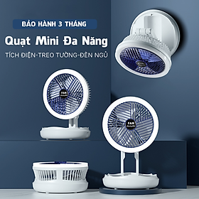 Quạt tích điện mini đa năng có thể gấp gọn xoay 300 độ tích hợp đèn học điều chỉnh ánh sáng