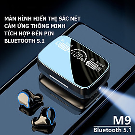 Tai nghe Bluetooth M9, tai nghe không dây cảm ứng thông minh. âm thanh HiFi trung thực, màn hình hiển thị sắc nét, tích hợp thêm đèn pin soi sáng- Hàng nhập khẩu