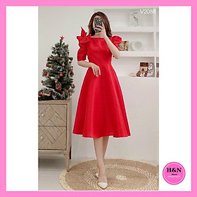 Váy xòe thiết kế tapta sang trọng, váy xòe dài đính nơ vai lịch thiệp, xinh xắn - H&N shop