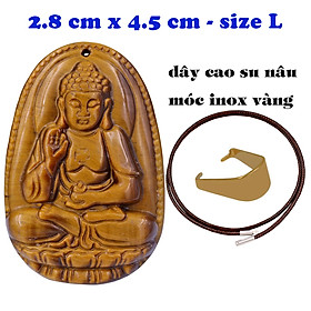 Mặt Phật A di đà đá mắt hổ 4,5 cm kèm vòng cổ dây cao su nâu - mặt dây chuyền size lớn - size L, Mặt Phật bản mệnh