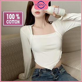 Áo croptop tay dài cổ vuông vạt yếm , crt ôm nữ đen trắng thun gân 100% cotton free size dưới 52 kg