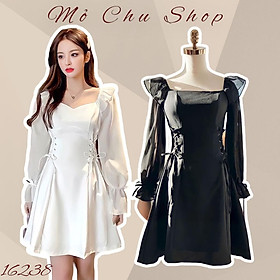 Đầm xòe cổ vuông đan eo dài tay