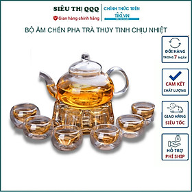 Mua Bộ Ấm Trà thủy tinh 6 Tách Trà Thuỷ Tinh 2 lớp Cao Cấp ấm  600ml chịu nhiệt kèm đế nến tặng nến - Hàng chính hãng
