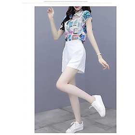 Set bộ quần short áo sơ mi họa tiết phối ren