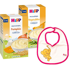 Combo 2 Bột Sữa Và Ngũ Cốc Rau Củ Tổng Hợp HiPP - 3321 (250g) & Bột Sữa Và Rau Củ Dinh Dưỡng HiPP Vị Bí Đỏ 3323 Tặng Kèm 1 Yếm Ăn Dặm HiPP