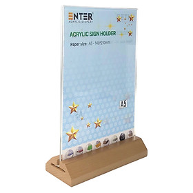 Kệ mica 2 mặt Enter E42-A 150x210mm đế gỗ A5 đứng vát chữ A, Kệ menu nhà hàng, Standee mica để bàn, Bảng quét mã QR Code