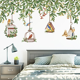 Decal dán tường trang trí phòng khách, quán cafe- Tán cây và lồng chim- mã sp LV79