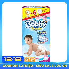 Tã Quần Bobby Gói Lớn M42 (42 Miếng) + 6 Miếng Cùng Size