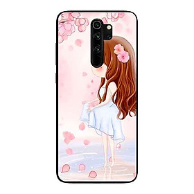 Ốp Lưng in cho Xiaomi Redmi Note 8 Pro Mẫu Cô Gái Váy Trắng Nền Hoa Đào - Hàng Chính Hãng