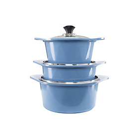Bộ 3 nồi đúc ceramic cao cấp 2 tay cầm (20 – 22 – 24cm) tặng 1 cặp nhấc nồi sillicon (màu ngẫu nhiên)