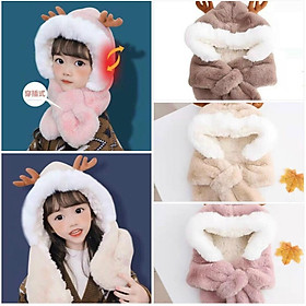 Mũ trẻ em mùa đông lót lông sừng hươu cute nón kèm khăn siêu ấm tai gấu thỏ cho bé