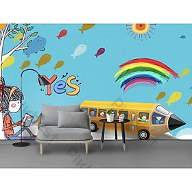 Tranh dán tường Xe buýt bút chì Trang trí phòng cho em bé, tranh nguyên tấm lớn, có keo sẵn MS995070
