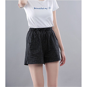 Hình ảnh Quần short đũi nữ Đũi Việt thiết kế kẻ sọc nhỏ 2 túi lưng chun DV36