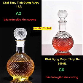 Bộ Chai Thủy Tinh Đựng Rượu cao cấp (combo 2 chai bầu tròn giác kim cương 1000ML và 500ML) - Vỏ Chai Rượu Đẹp (A2,C6)