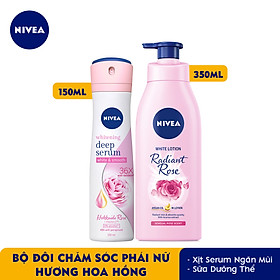 Bộ đôi Xịt Serum Ngăn Mùi NIVEA Trắng Mịn Hương Hoa Hồng Hokkaido (150ml) - 85304 & Sữa Dưỡng Thể Dưỡng Trắng NIVEA Hương Hoa Hồng Radiant Rose (350ml) - 85707