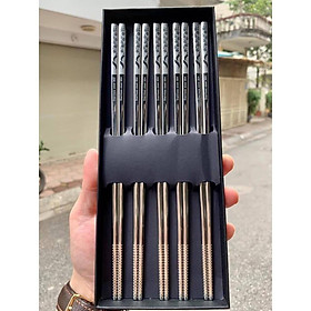 Set 5 đũa ăn inox 304 mẫu hoa văn đặc ruột cao cấp chống trơn trượt