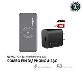 Combo Pin sạc dự phòng Energizer QE10007PQ + Củ Sạc Nhanh Mophie 20W - HÀNG CHÍNH HÃNG