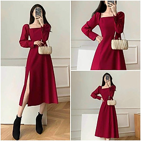 Đầm xoè tiểu thư cổ vuông xẻ tà tay đính cườm xinh xắn