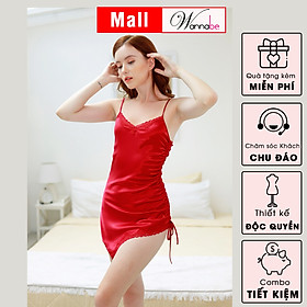 Đầm ngủ lụa WANNABE DNS57 váy ngủ 2 dây phối ren lượn sóng tại cổ, dây rút nhúng 1 bên hông khoe chân dài đẹp gợi cảm