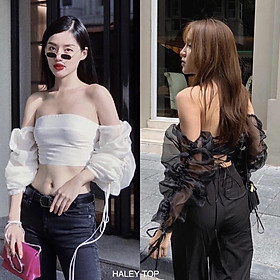 áo croptop phối tay voan kiếng phồng đan dây lưng Haley top - áo croptop trễ vai tay phồng đan dây lưng