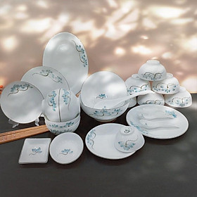 Mua Bộ bát đĩa gốm sứ Bát Tràng  họa tiết hoa sen xanh(20-25 món)