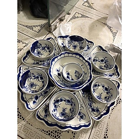 Mua Bộ Bát Đĩa Mặt Trời Thờ Cúng Vẽ Sen Men Lam Bát Tràng