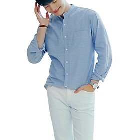 Áo sơ mi nam cổ lãnh tụ dài tay màu xanh biển vải oxford