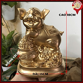 Tượng đá con heo trang trí tượng heo phong thủy phòng làm việc - Cao 18cm - Màu nhũ đồng