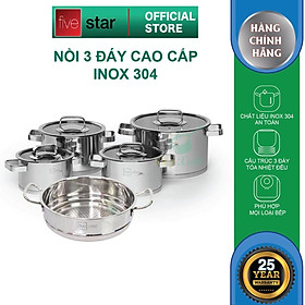 Bộ nồi xửng 3 đáy inox 304 Fivestar Plus 5 món nắp kính ( 1nồi 16cm x1nồi 18cm x1nồi 20cm x1nồi 24cm x 1thân xửng 24cm)