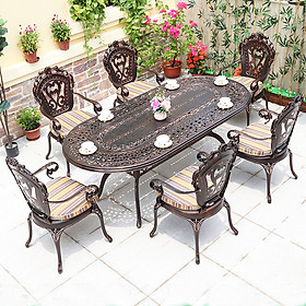 Bộ bàn ăn ngoài trời mặt oval 1m8 Bộ bàn nhôm đúc sân vườn 6 ghế có tay tựa cao cấp Outdoor Dinning Table Set SL TE2005-180A / CC2009-A – Nội thất CAPTA