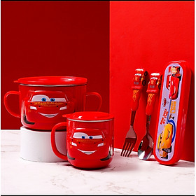 Set 5 món tô muỗng nĩa hộp ly giữ nhiệt inox Disney xe đua Car95 Mcqueen cho trẻ em