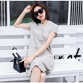 Đầm suông cổ trụ linen, chất vải linen tự nhiên mềm mát, thời trang phong cách Hàn