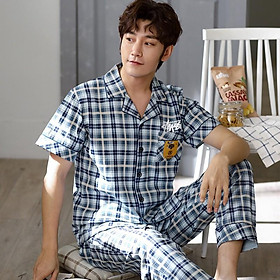 Đồ bộ Pijama cộc tay họa tiết sọc Caro style Hàn Quốc-Đồ bộ nam vải COTTON 100% dày dặn & thông thoáng (613)