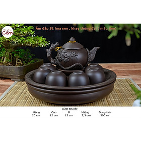 Mua Ấm trà tử sa Bát Tràng đắp nổi hoa sen Kèm Khay 2 Tầng loại 400ml