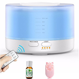 Máy xông tinh dầu siêu âm cao cấp dung tích 500 ML, kiểu dáng hiện đại có remote điều khiển từ xa + Chai tinh dầu 10 ml + tặng kèm quạt cầm tay 3 cấp độ gió siêu cute - Vân gỗ sáng